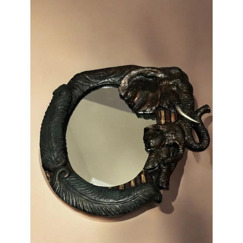 African Elephant-Inspired Decorative Mirror With Carved Frame